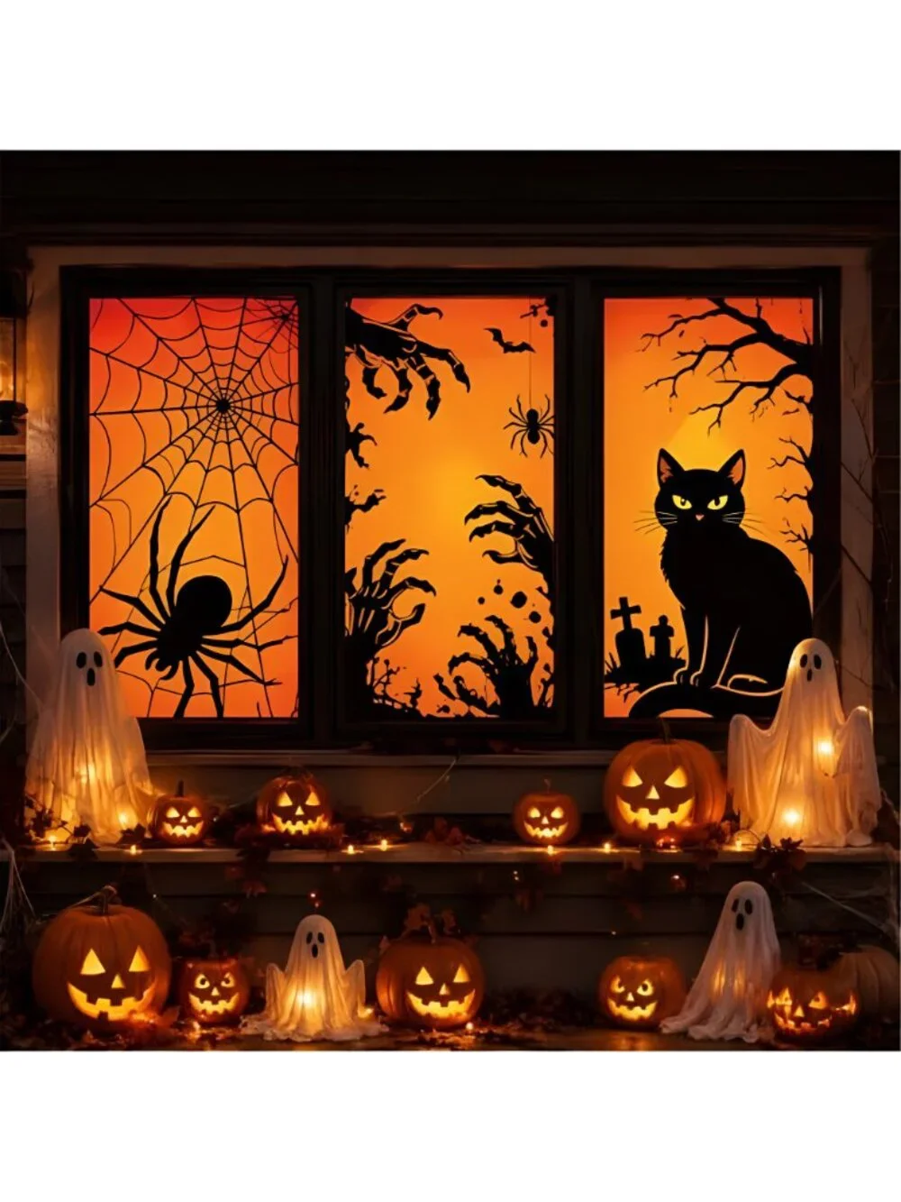 3 Pcs Halloween Silhouette Window Decor Large Spooky Hand Black Cat Spider
